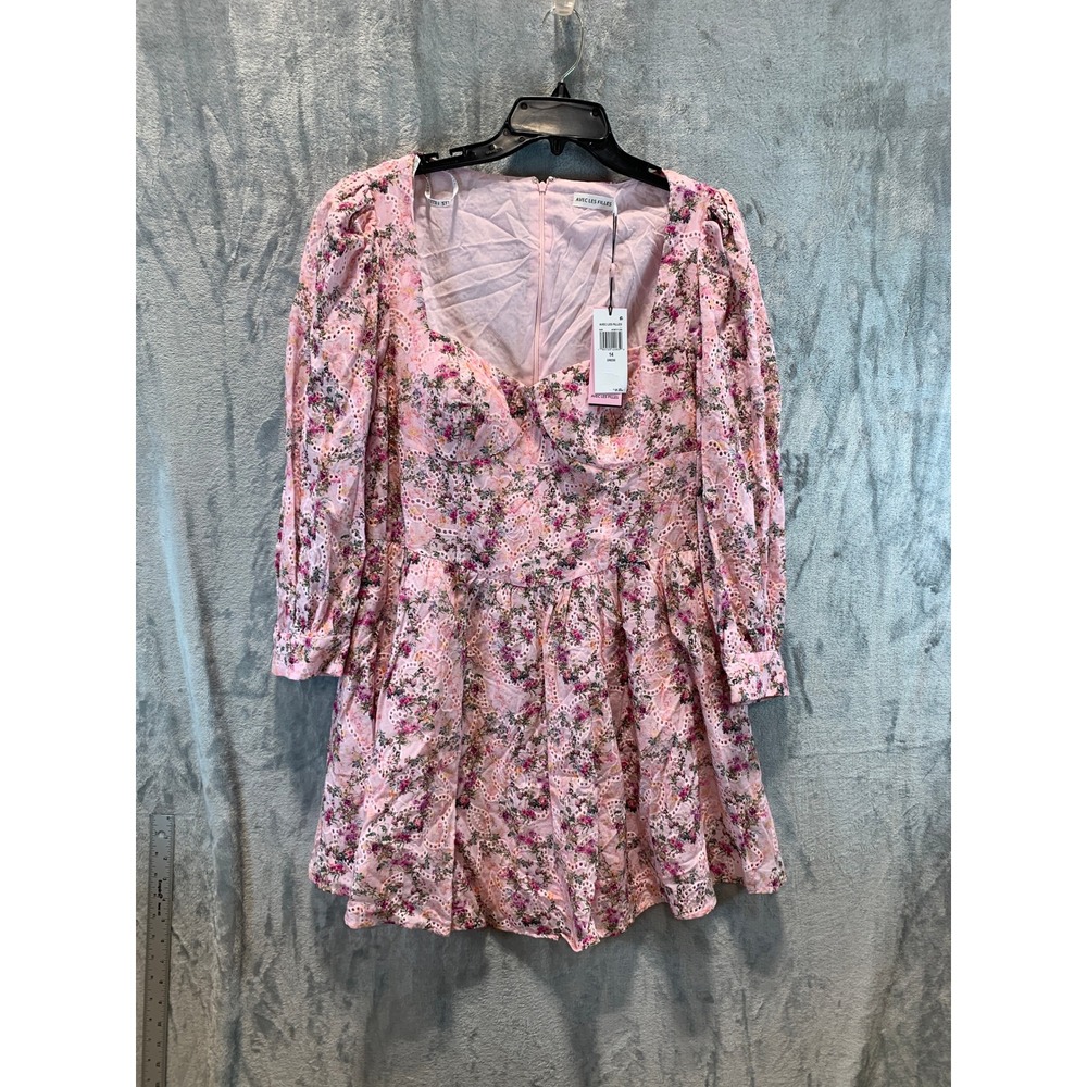 Avec Les Filles Antoinette Floral Pink Eyelet Mini Dress 14 NWT Long Sleeve